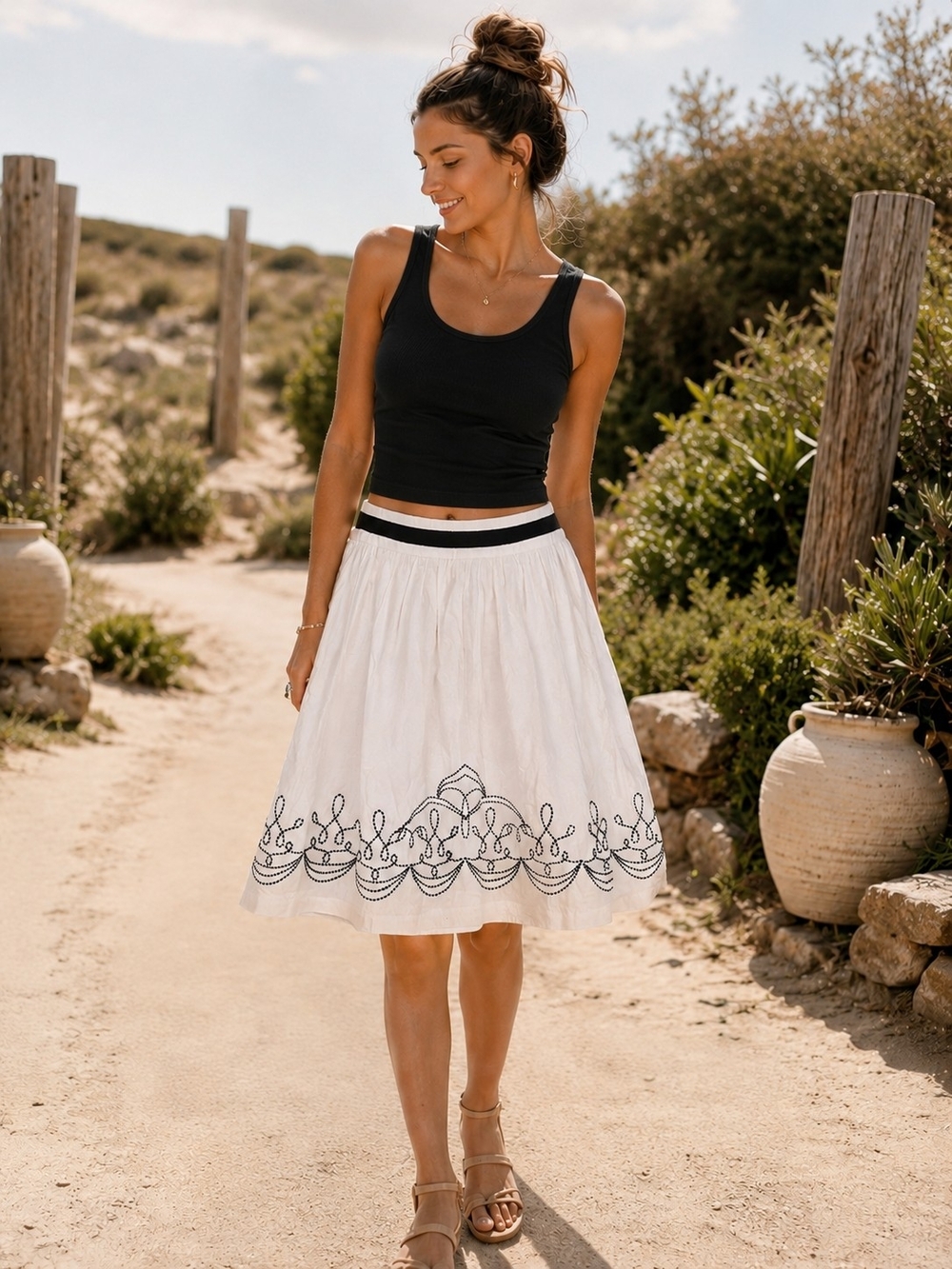 NWT Hillard & Hanson Linen Blend Fit & Flare Pleated Waist Embroidered Skirt